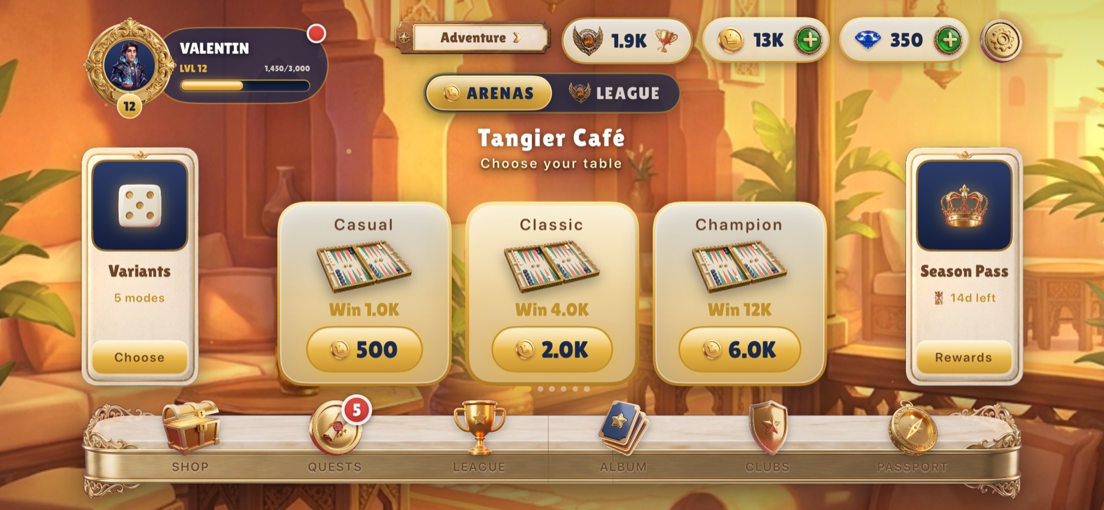 Orion home hub with worlds, currencies and the season pass.