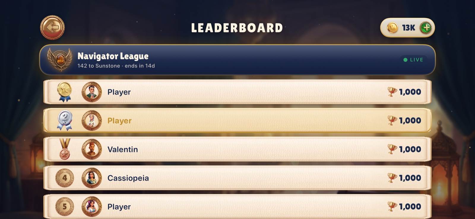 Orion live leaderboard with league and trophies.